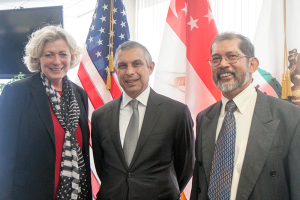 from left to right: Susanne T. Stirling, Vice President International Affairs, Singapore Ambassador to the United States, Ambassador Ashok Kumar Mirpuri and Chris Cheang, Consul General of Singapore