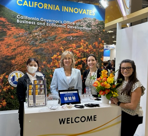 The CAGoBiz booth promotes #California companies with Dee Dee Myers Director (2d from left,) Mariana Guevara of CAGoBiz and CalChamber Nikki Ellis.