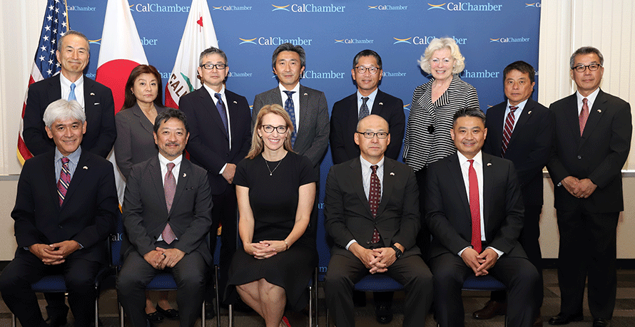 (Seated, from left) Kazuhiro Gomi, Government Relations Committee Chair, Japanese Chamber of Commerce of Northern California (JCCNC)/ NTT Research Inc.; Nobuyuki Baba, president, JCCNC/ Mitsubishi Corporation (Americas); Jennifer Barrera, president and CEO, CalChamber; Masahiko Yamamoto, president, Japan Business Association of Southern California (JBA)/ Mitsubishi Corporation (Americas); and Nori Sakai, JBA/ Premier Kaikei LLP. (Standing, from left) Keijiro Hora, executive director, JCCNC; Akemi Koda, JCCNC/ USAsia Venture Partners Inc.; Koki Sato, JCCNC/ ITC Ventures XI, Inc. and ITOCHU International Inc; Wataru Kuribayashi, JCCNC/ Presidio Ventures and Sumitomo Corporation of Americas; Hironori Kobayashi, JBA/ All Nippon Airways Co., Ltd.; Susanne T. Stirling, vice president, international affairs, CalChamber; Koji Shinohara, JBA/ Takenaka Partners LLC; and Fumio Yasue, executive director, JBA.